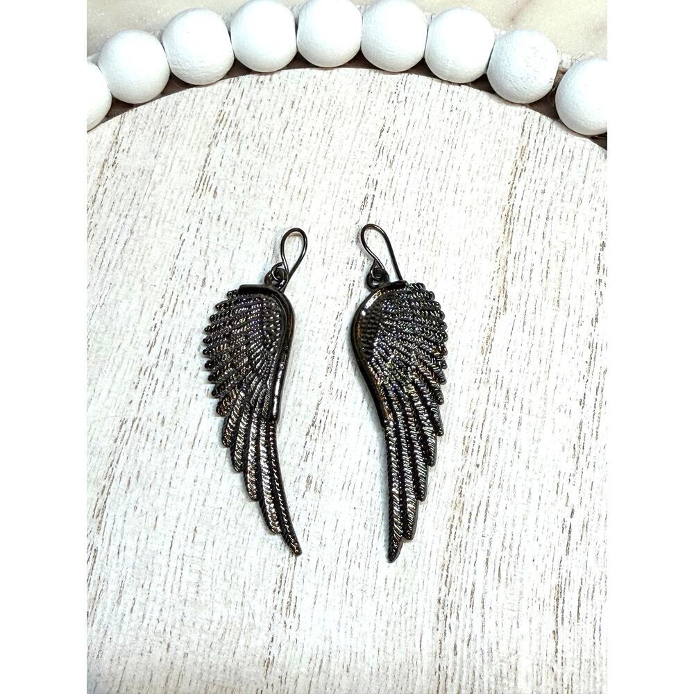 Gunmetal Iridescent Angel Wing Dangle Earrings – Edgy Glam